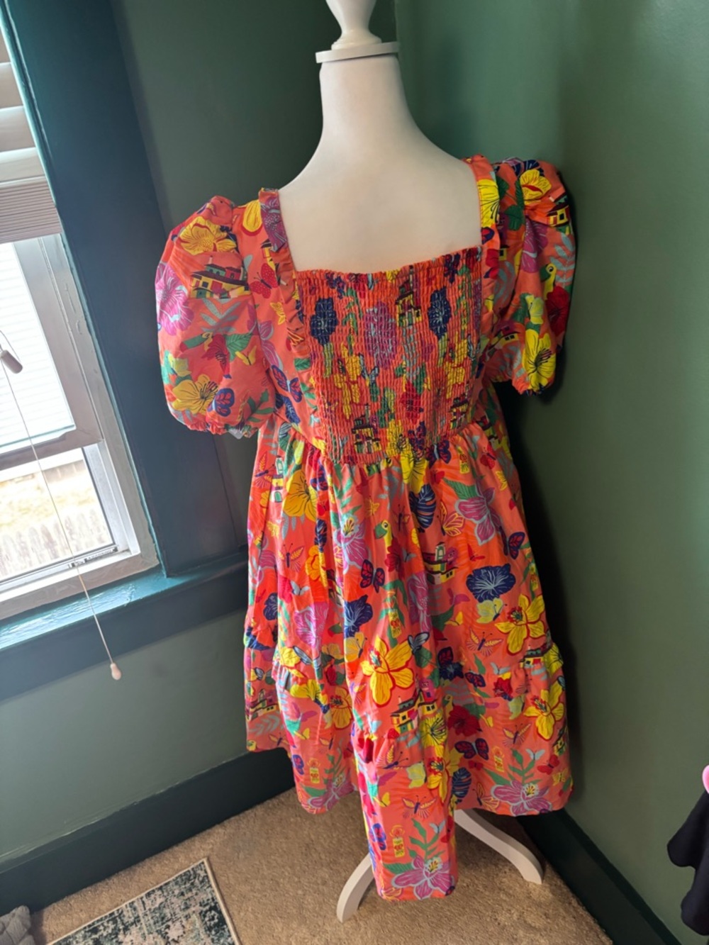 Disney Encanto Coral Tropical Floral Dress with Purple Sleeve Detail - Picture 6 of 7